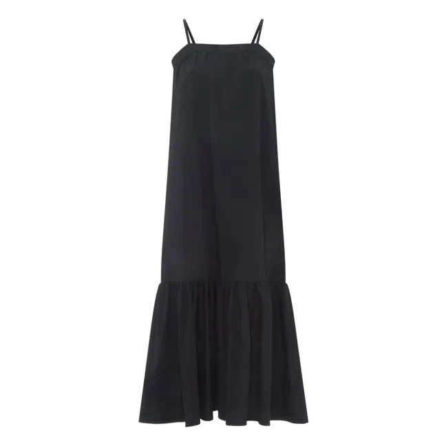 Vestido midi de popelina orgánica con tirantes finos para mujer | Negro