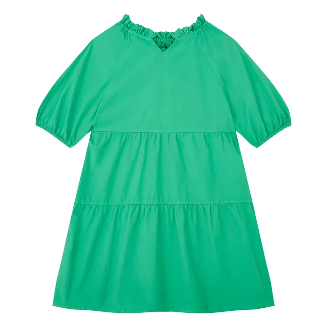 Vestido de popelina orgánica de manga 3/4 para niña | Verde