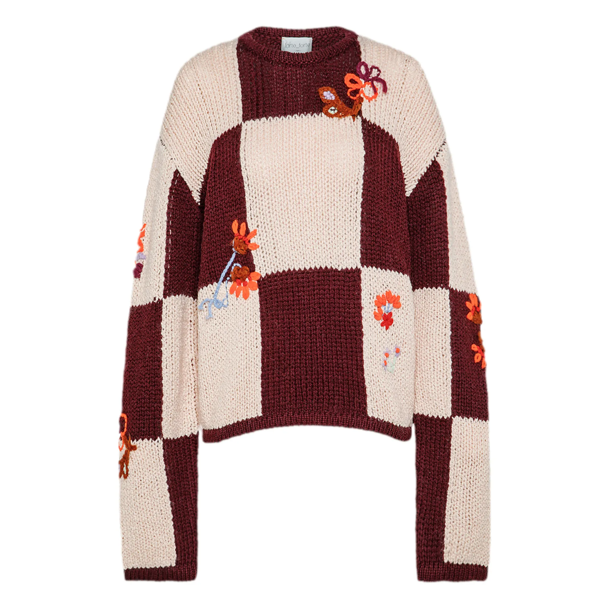 Forte Forte Burgundy 'Le Grand Damier' Embroidered Virgin Wool Pullover