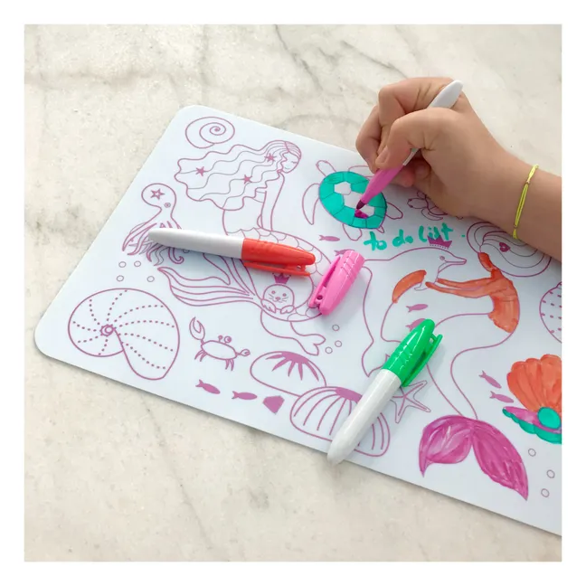 Mini reversible coloring placemat with 4 felt-tip pens - Sirène