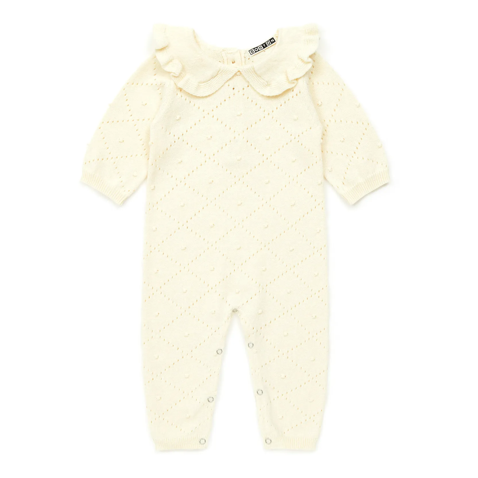 Bonton Ecru Ruffled Neck Openwork Knit Jumpsuit