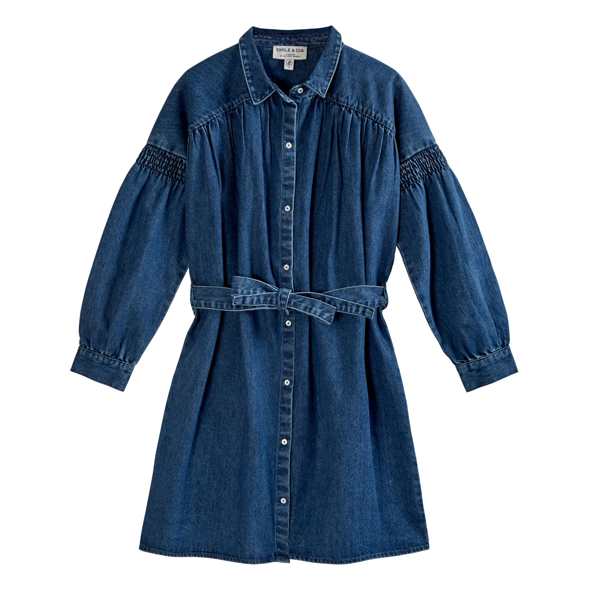 emile et ida denim dress Short cotton denim dress with lavallire collar