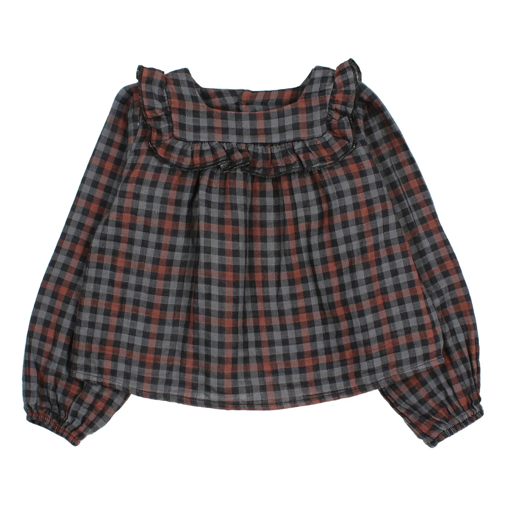 Búho Charcoal Grey Country Cotton Gauze Checked Blouse
