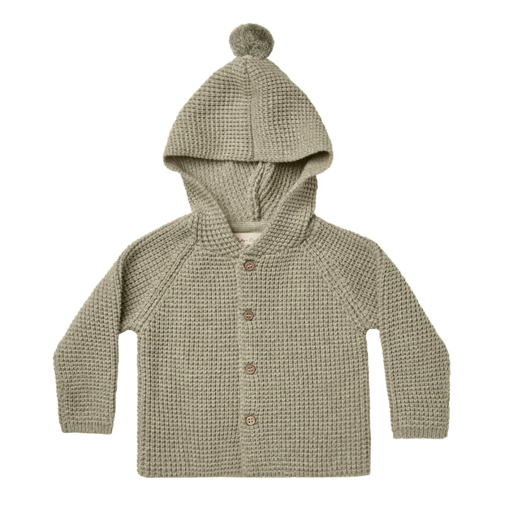 Rylee + Cru Sage Waffle Pompon Hooded Cardigan
