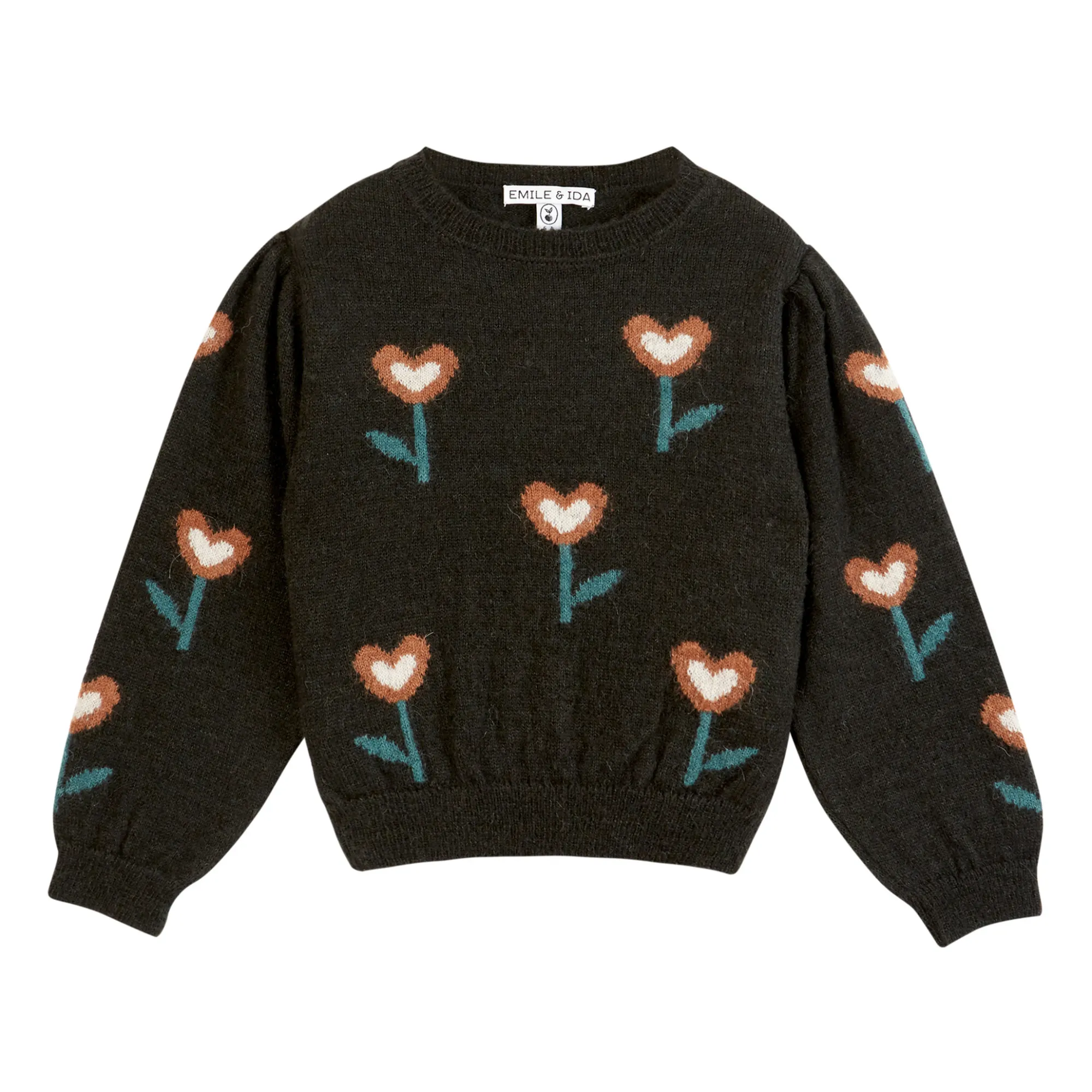 Emile Et Ida Charcoal Grey Intersia Flower Hearts Sweater