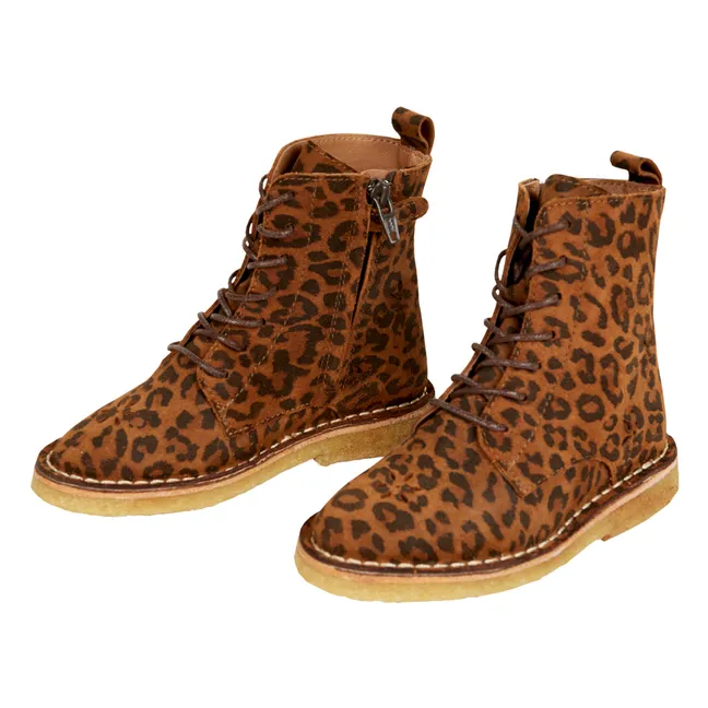 Emi Leopard Print Leather Lace-Up Boots | Caramel