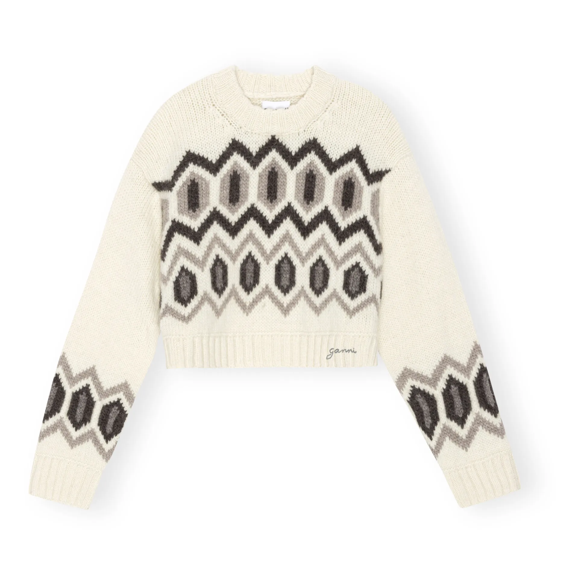 Ganni Ecru Organic Wool Graphic Chunky Crop Sweater