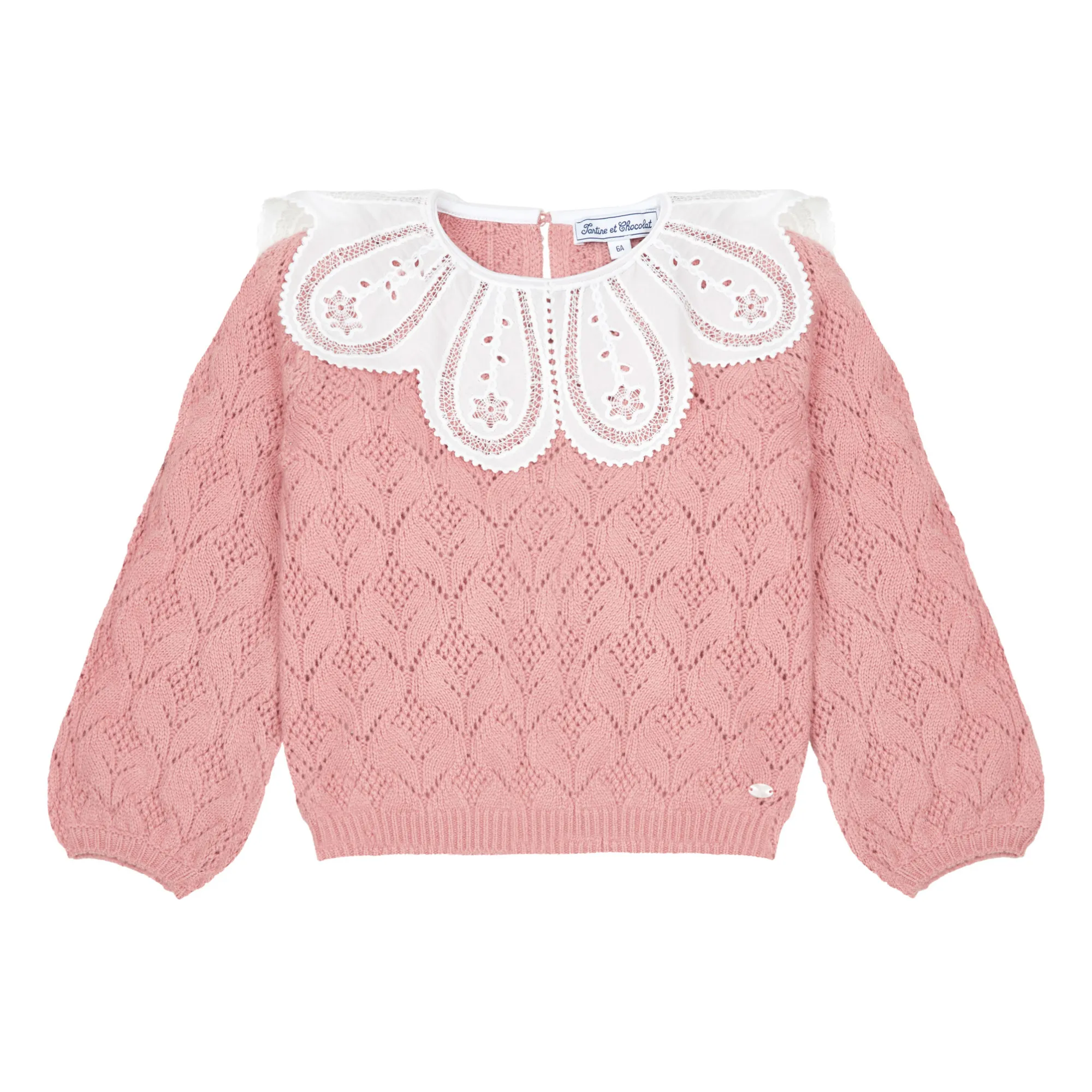 Tartine Et Chocolat Pink Wool Openwork Jumper With Embroidered Collar