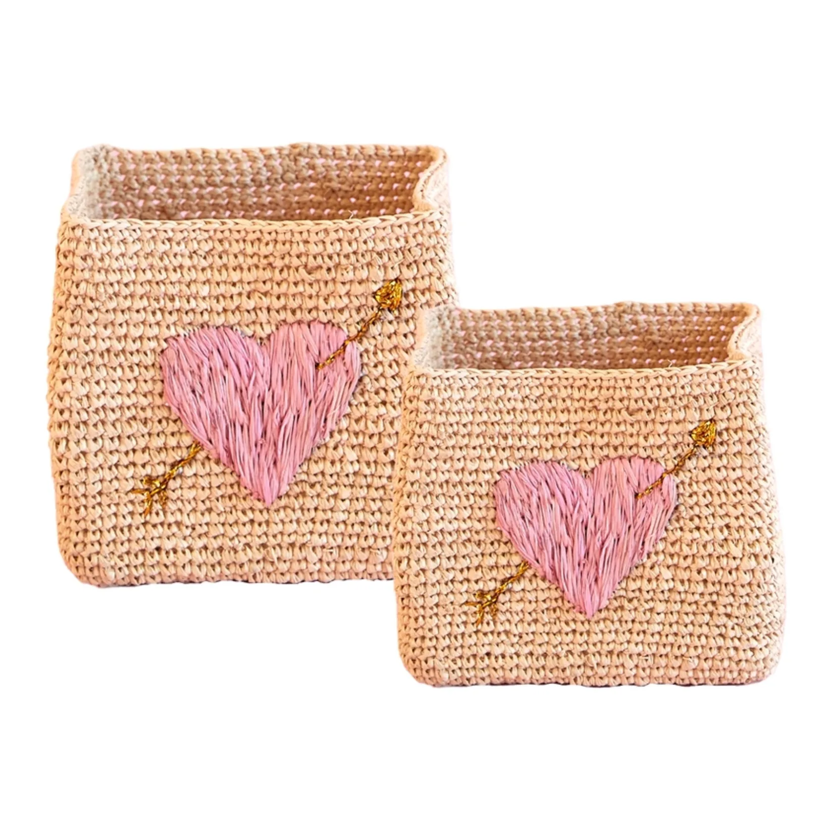 Rice Pale Pink Raffia Storage Baskets - Set Of 2