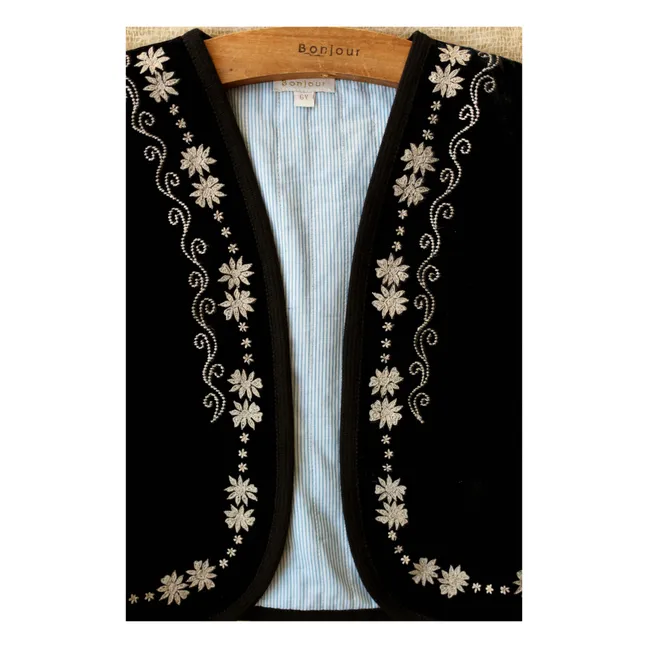 Sleeveless embroidered velvet cardigan | Black
