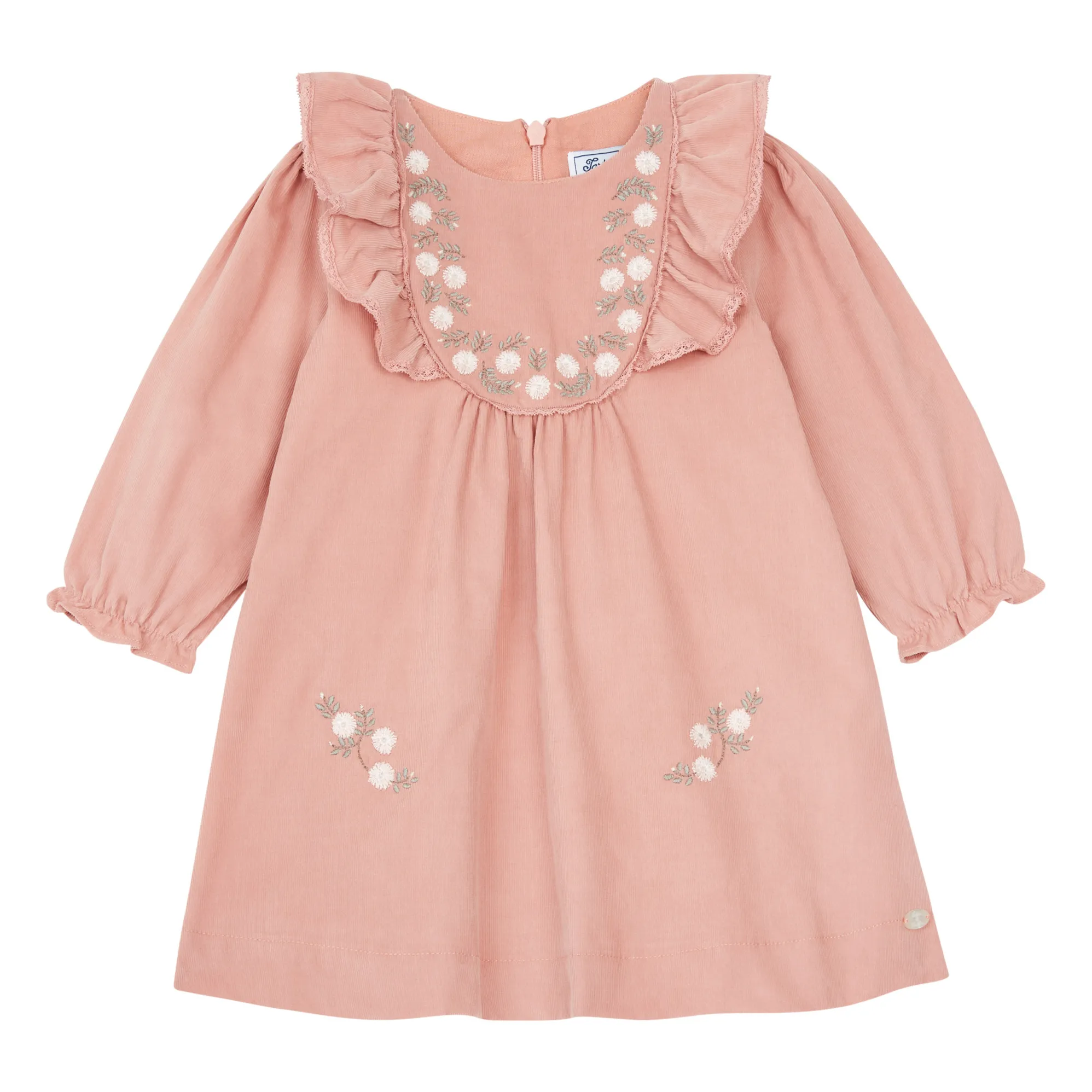 Tartine Et Chocolat Pale Pink Milleraies Embroidered Velvet Ruffle Dress