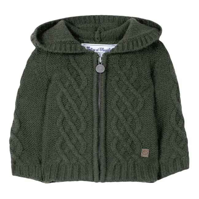 Chaleco con capucha y cremallera de lana y cachemira para bebé | Verde Kaki