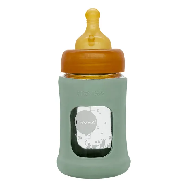 Slow Flow Wide-Neck Glass Bottle with Protective Sleeve | Almond green