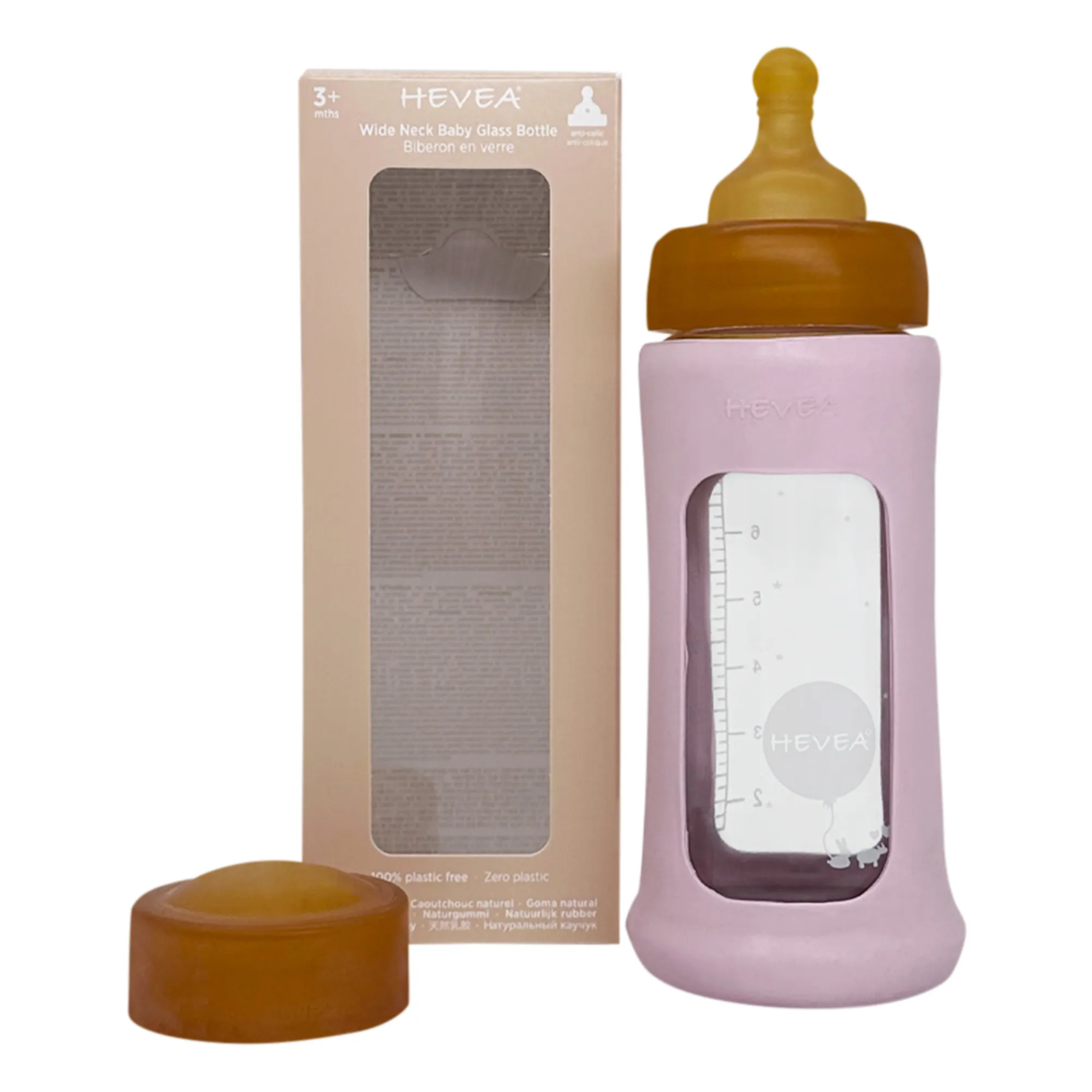 Hevea - Biberon en verre à col large avec housse de protection Débit moyen (Hevea) - Image 1