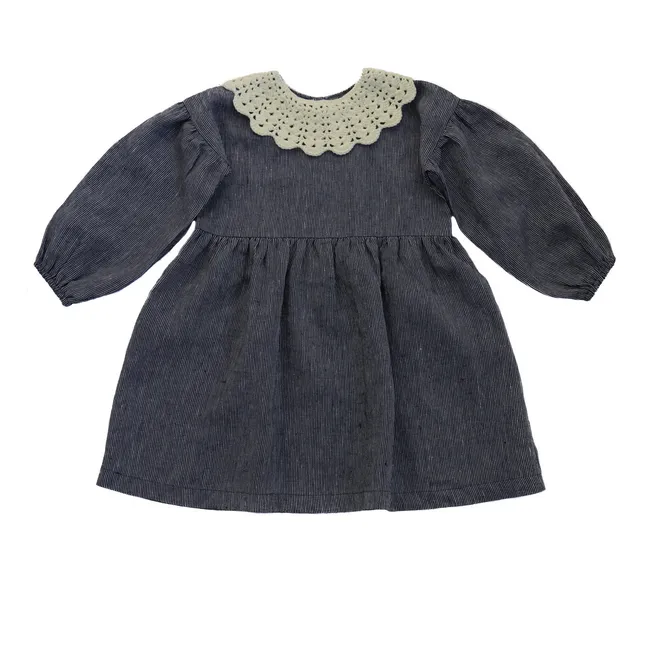Linen dress with Merino crochet collar Silvia | Grey blue