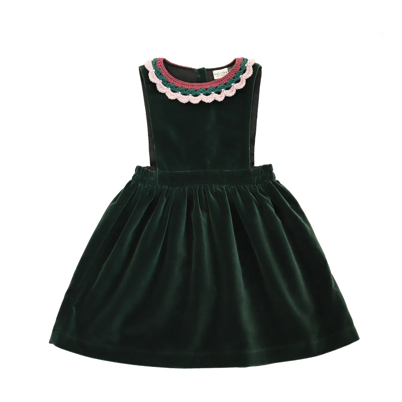 Velvet apron dress with crochet collar Elia | Chrome green- Product image n°0