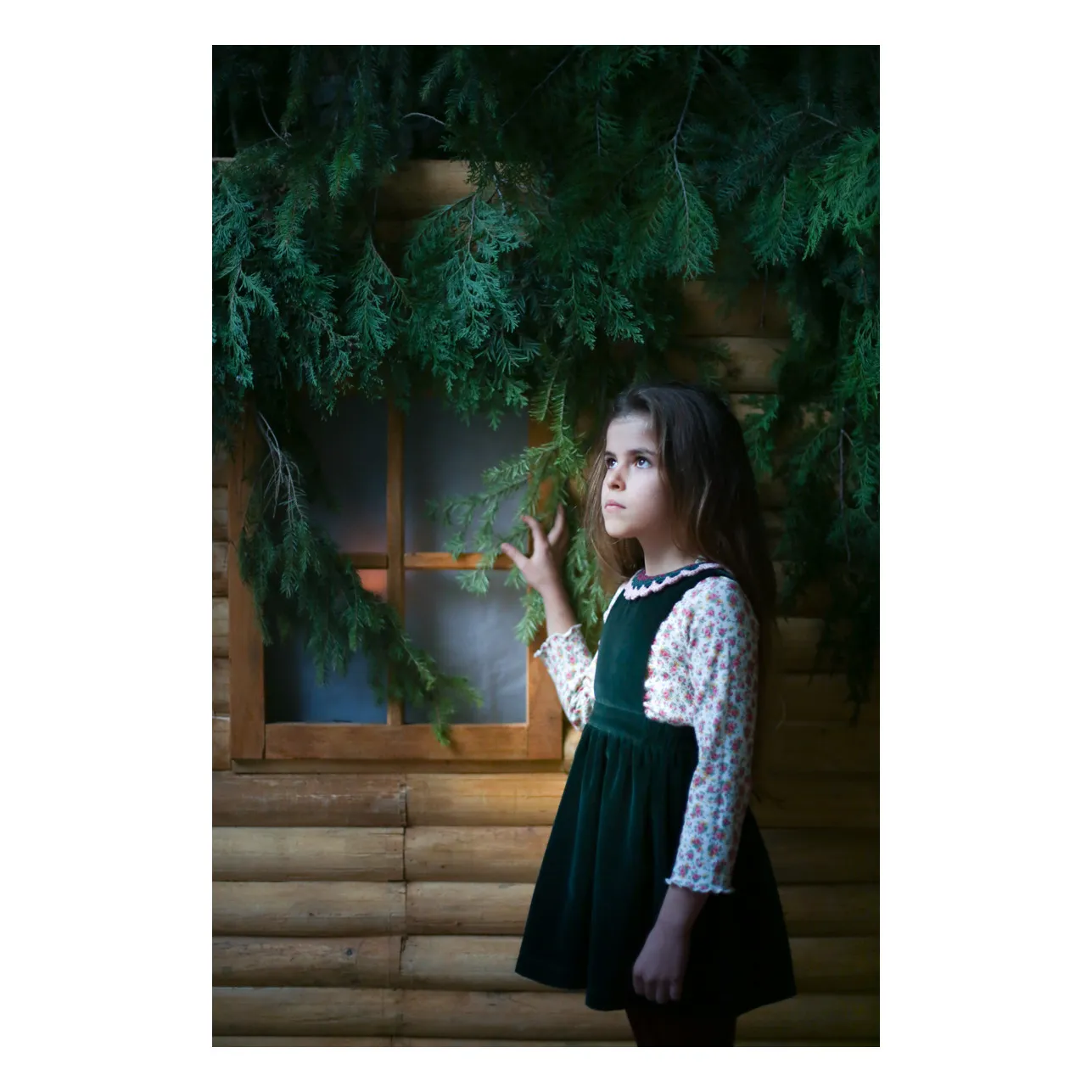 Velvet apron dress with crochet collar Elia | Chrome green- Product image n°1