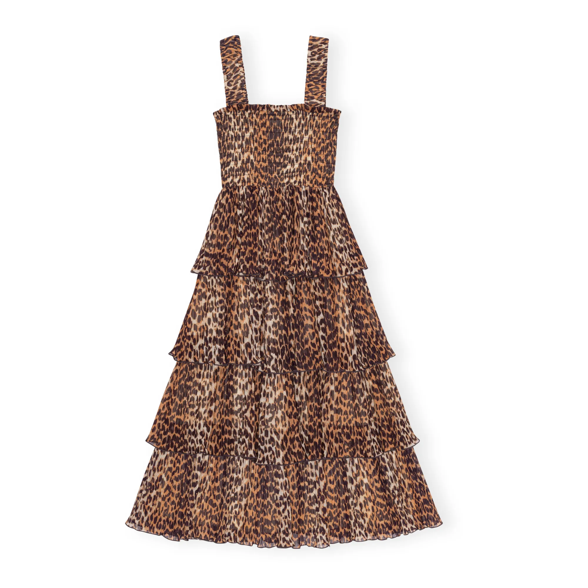 Ganni Leopard Georgette Smocked Sleeveless Dress Recycled Fibres
