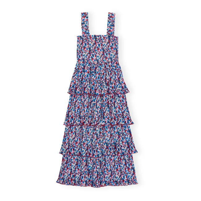 Ärmelloses, gesmoktes Kleid aus Georgette, bedruckt mit recycelten Fasern | Blau