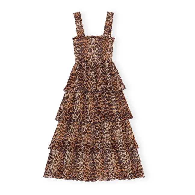 Georgette Smocked Sleeveless Dress Recycled Fibres | Leopard