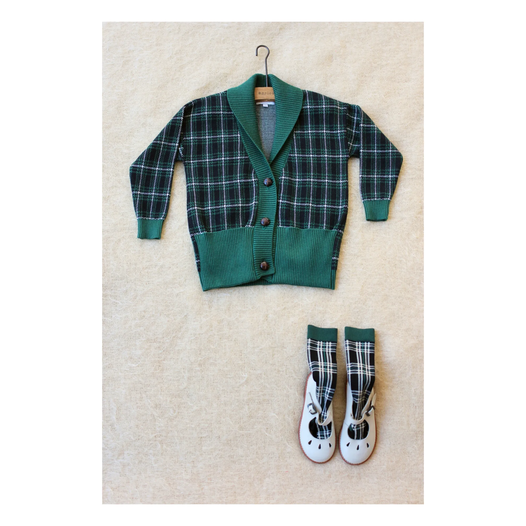Bonjour Green Organic Cotton And Wool Checked Cardigan