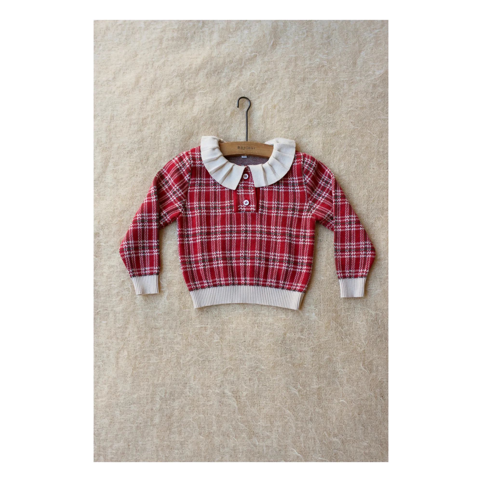 Bonjour Red Organic Cotton And Wool Check Sweater
