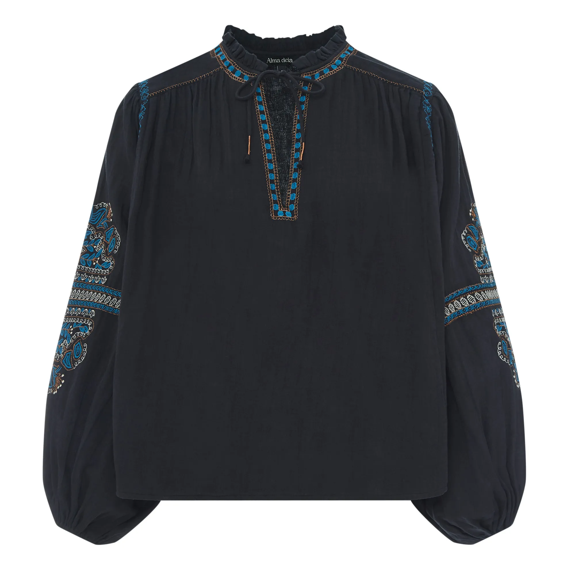 Alma Deia Black Organic Cotton Gauze Embroidered Long Sleeve Blouse