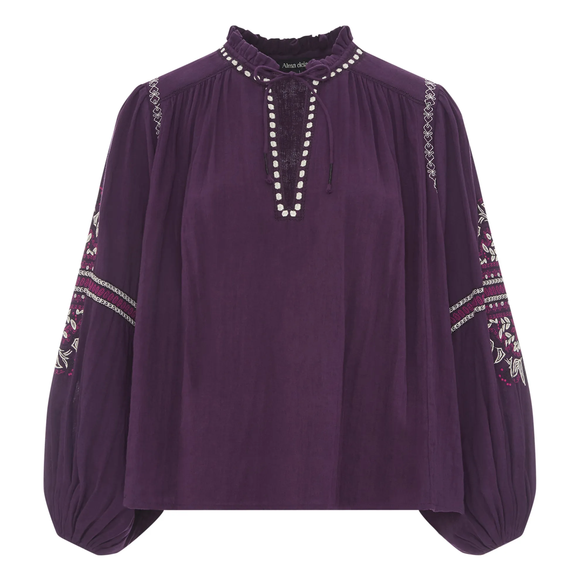 Alma Deia Purple Organic Cotton Gauze Embroidered Long Sleeve Blouse
