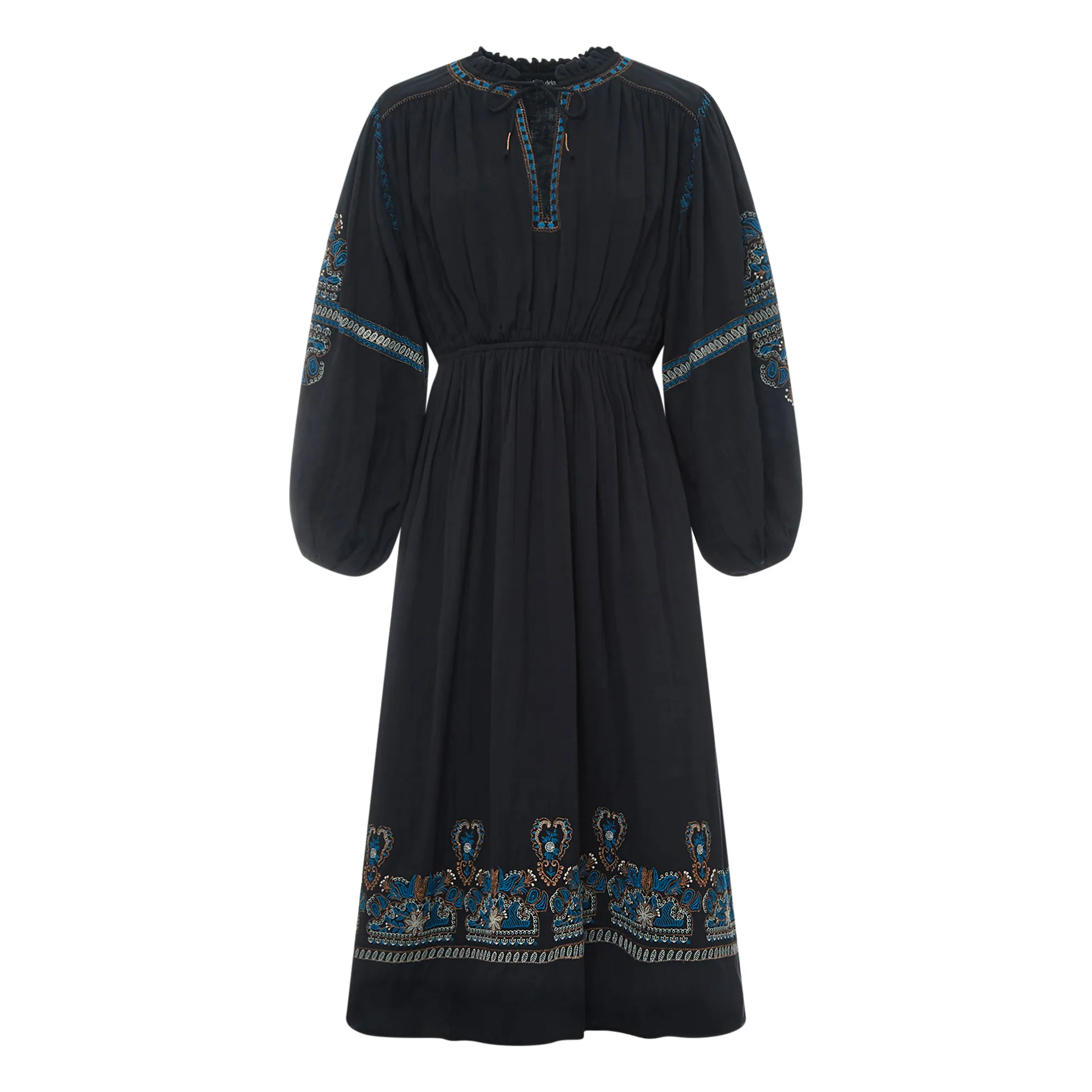 Alma Deia Black Embroidered Organic Cotton Gauze Midi Dress