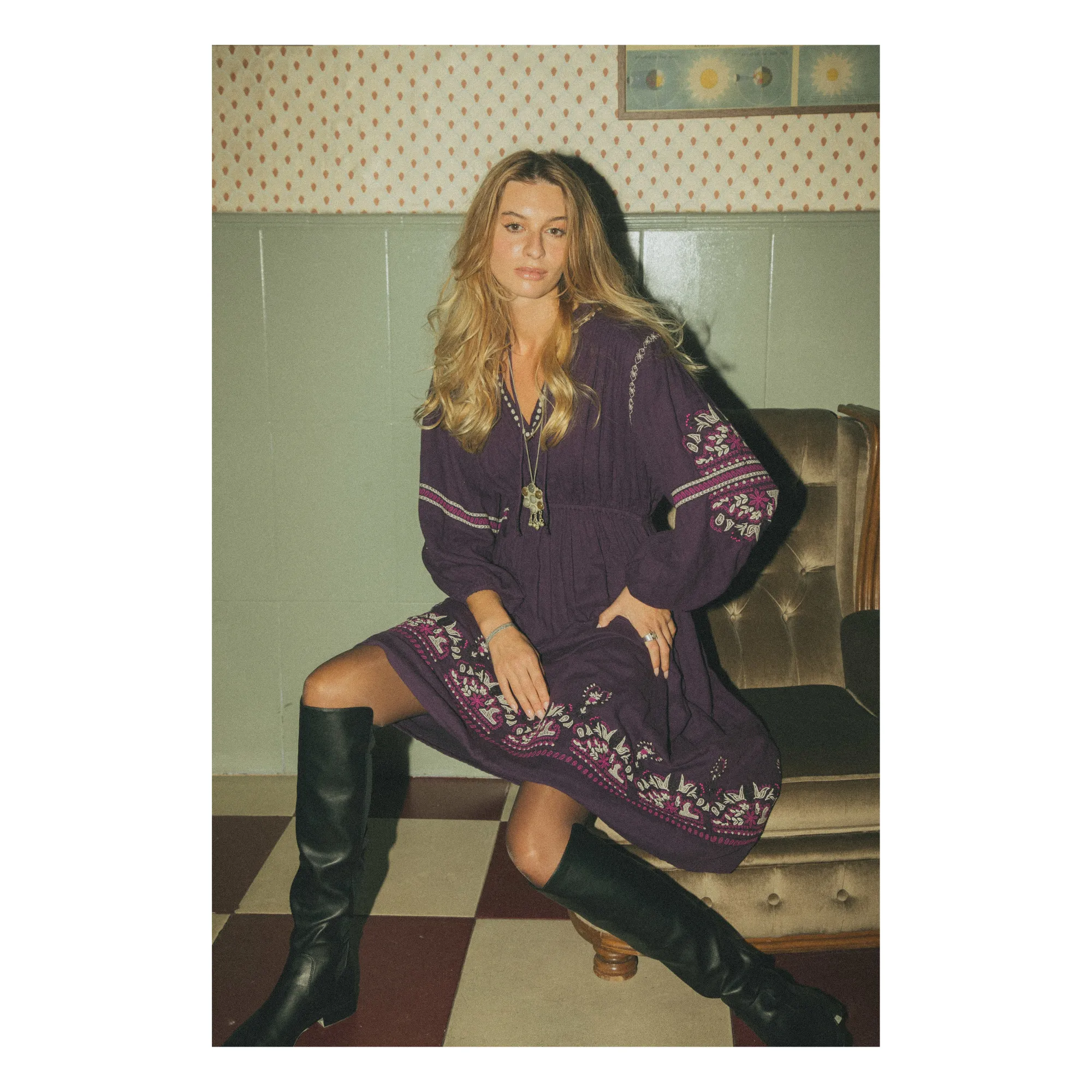 Alma Deia Purple Embroidered Organic Cotton Gauze Midi Dress