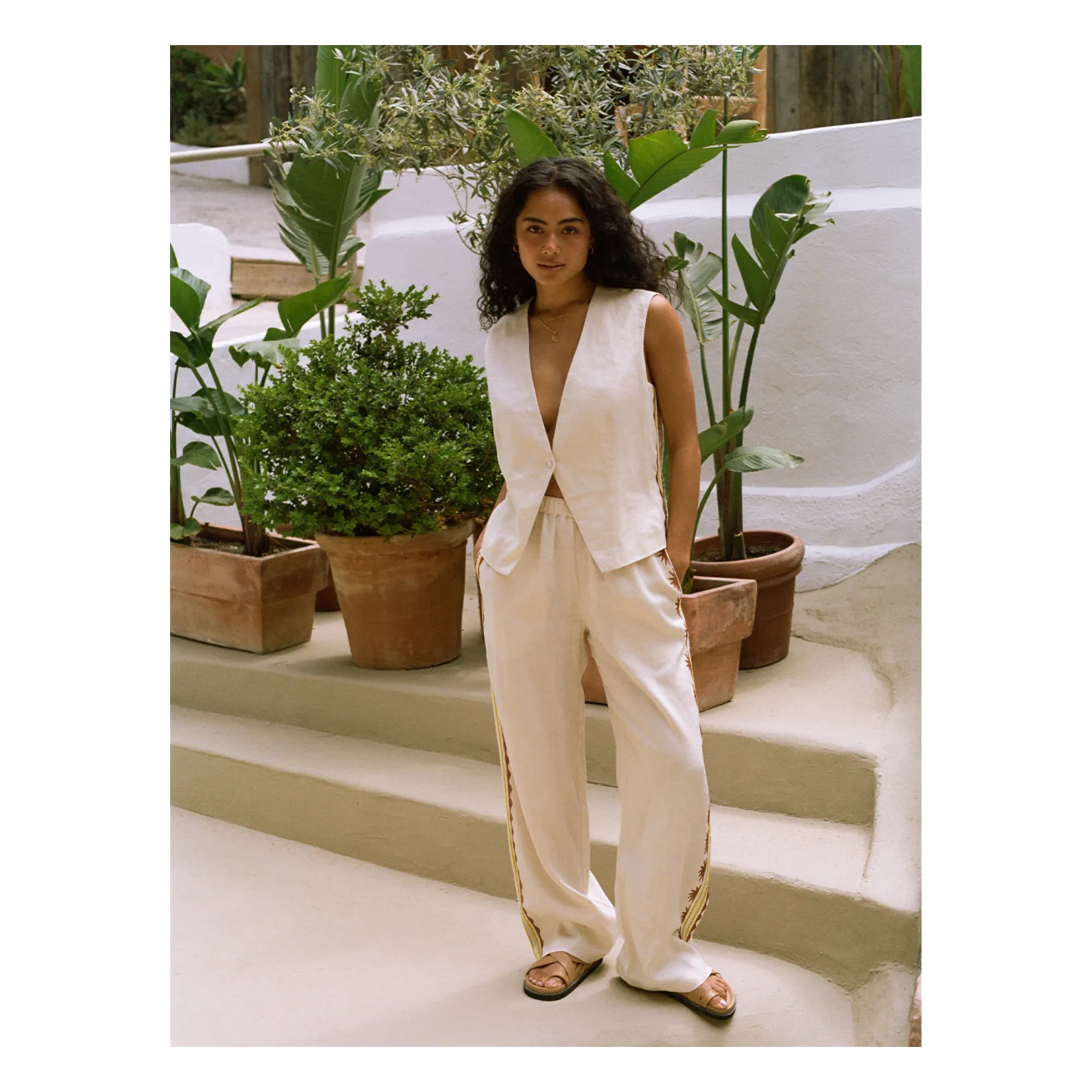 Pantalon Celine Broderies Lin | Ecru- Image produit n°0