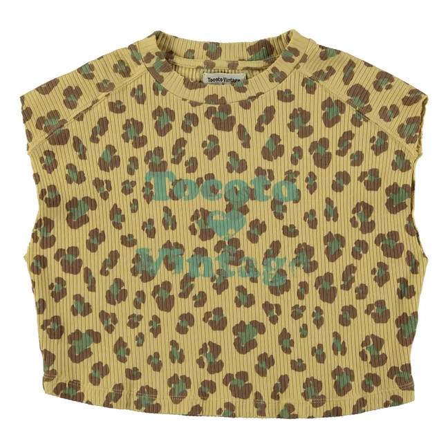 Geripptes, ärmelloses T-Shirt mit Leopardenmuster | Gelb