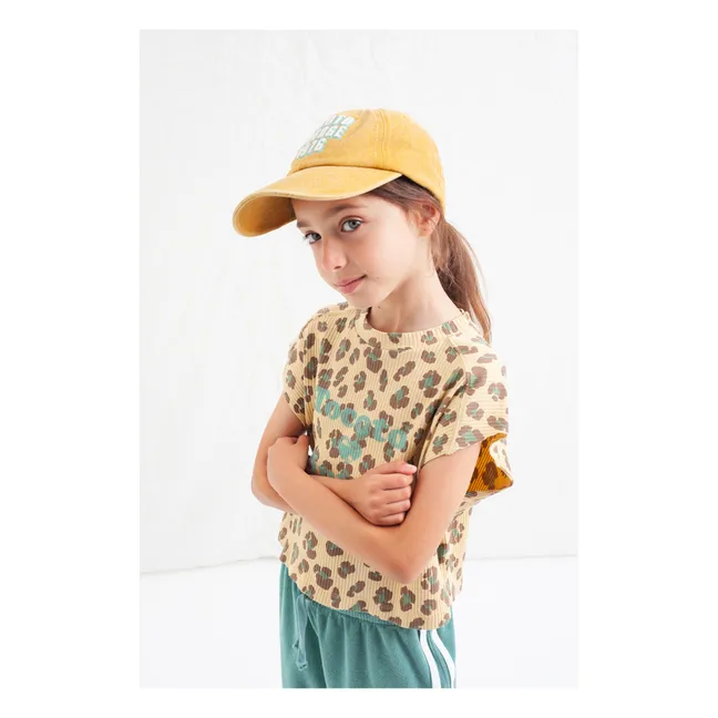 Geripptes, ärmelloses T-Shirt mit Leopardenmuster | Gelb