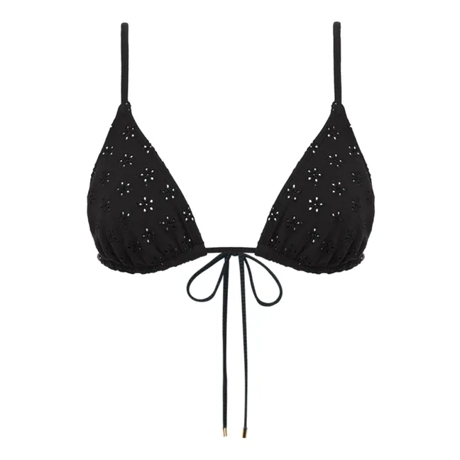 Embroidered Thong Swimsuit Top | Black