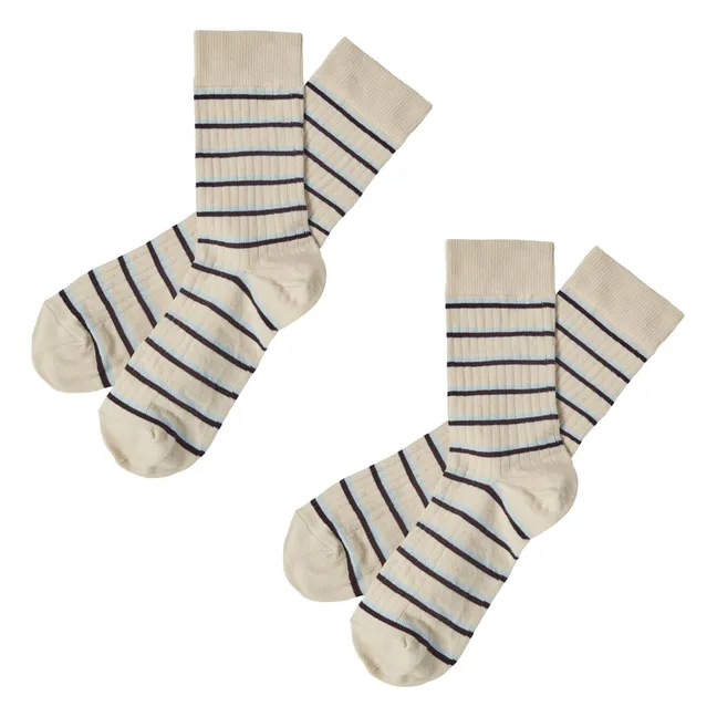 2 Paar gestreifte Socken aus Wolle - Damenkollektion | Beige