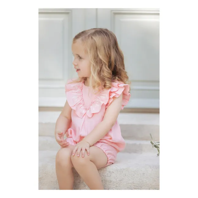 Linen romper with ruffles | Candy pink