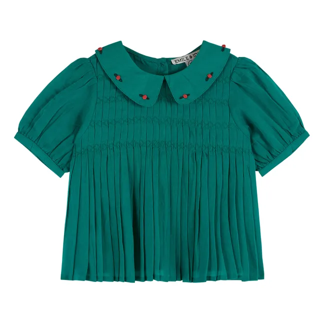 Smocked blouse with embroidered collar | Green