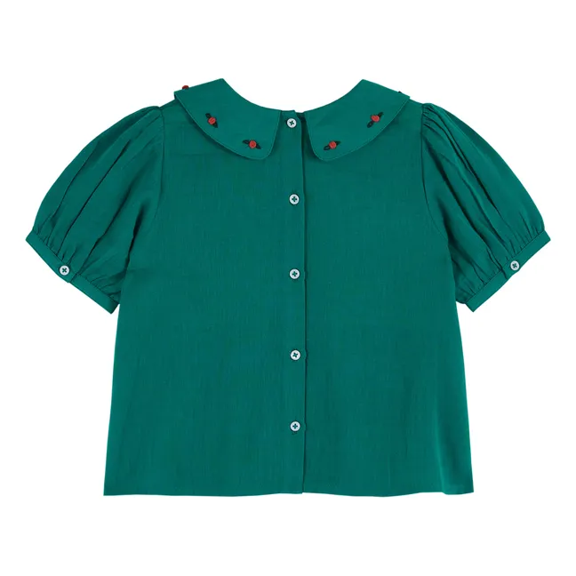 Gesmokte Bluse mit besticktem Kragen | Grün
