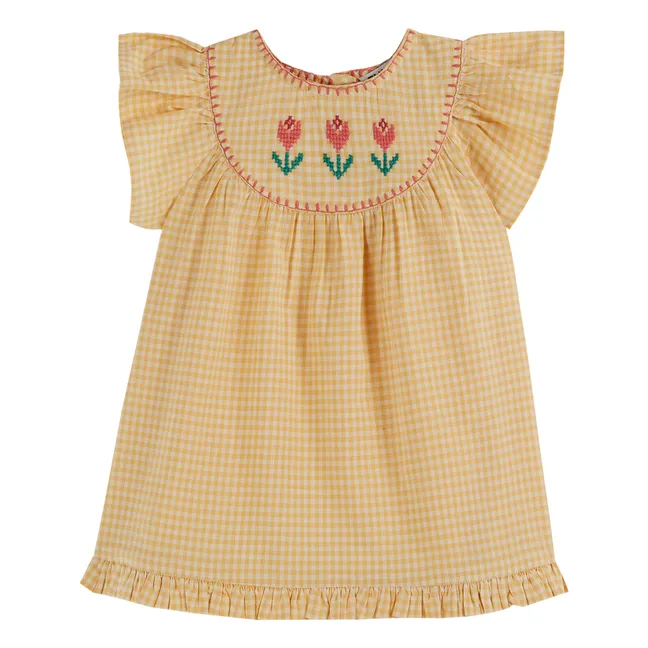 Kleid mit Vichy-Stickerei | Gelb