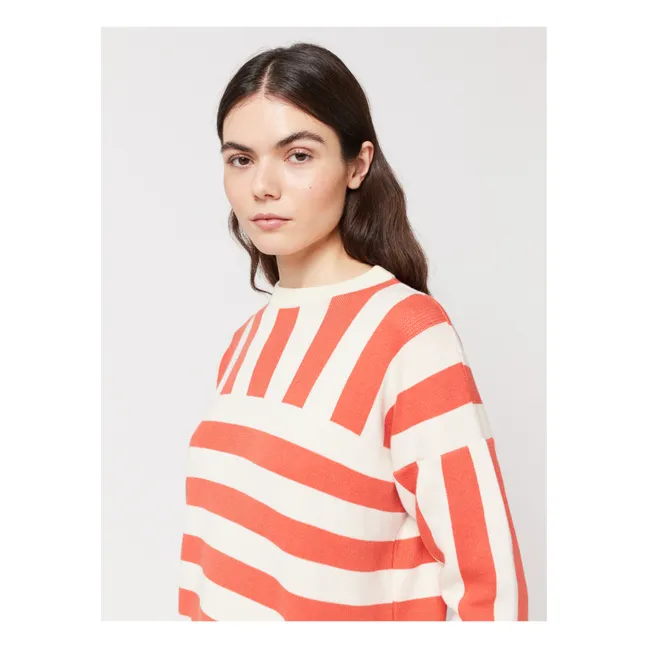 Jersey de algodón orgánico a rayas de manga corta - Colección Mujer  | Rojo