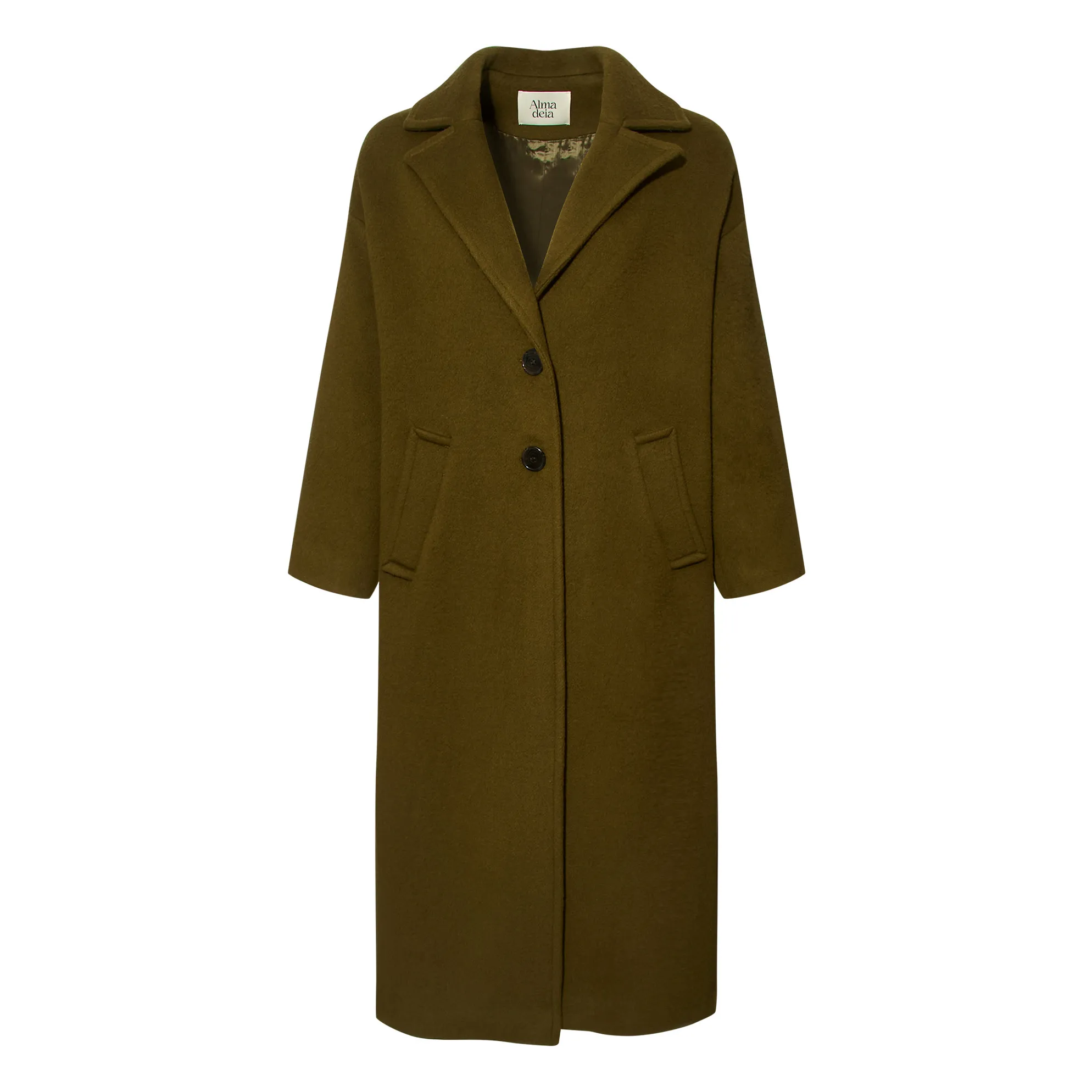 Alma Deia Khaki Long Coat In Recycled Wool