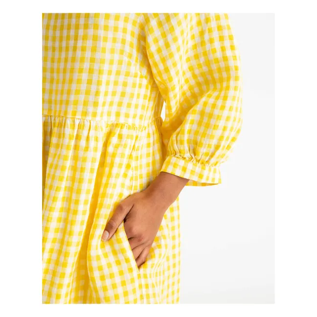 Vestido de día a cuadros de lino | Amarillo Mostaza
