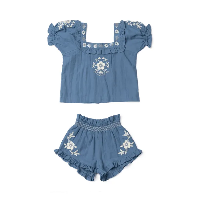 T-shirt + Short Blossom Fleurs Brodées | Bleu jean