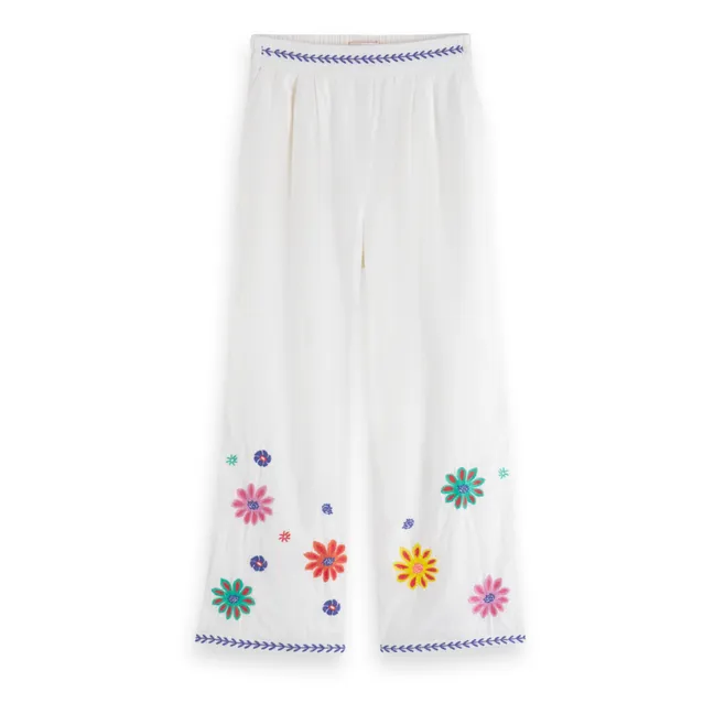 Embroidered Flower Cropped Pants | White