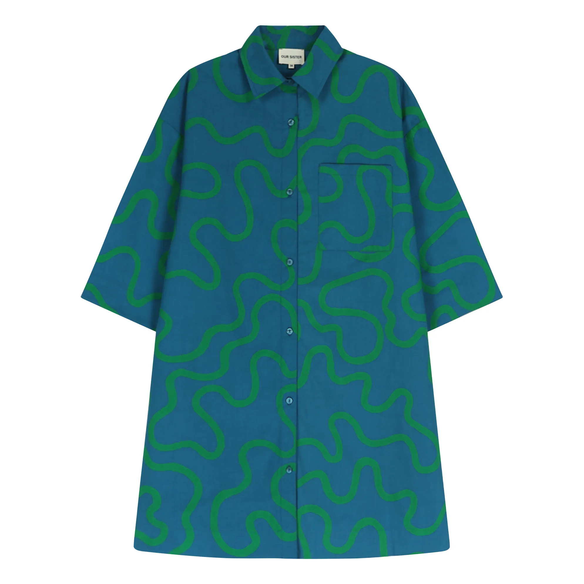 Our Sister Petrol Blue Flying Table Printed Cotton Poplin Dress