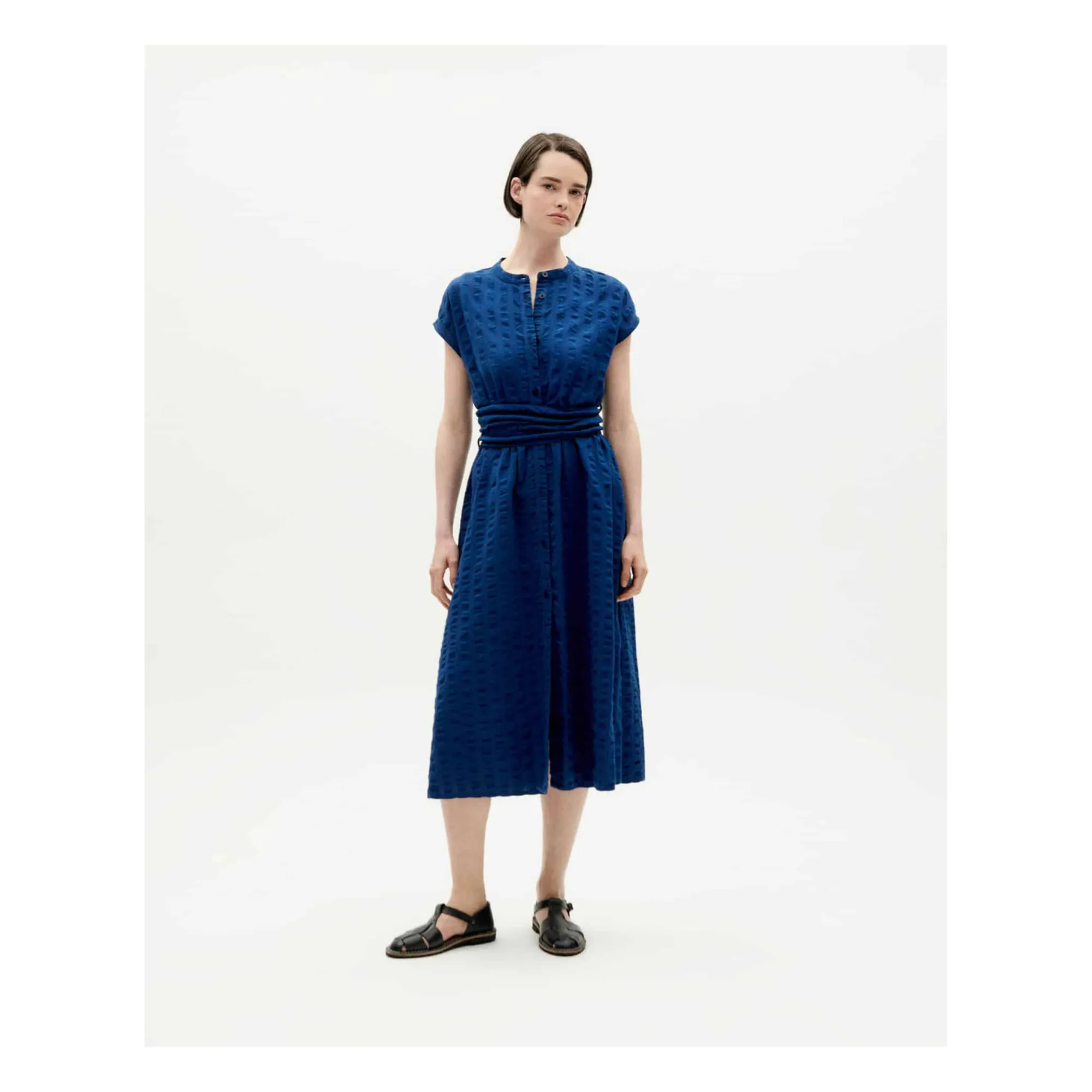 Thinking Mu Navy Blue Gretel Seersucker Organic Cotton Dress