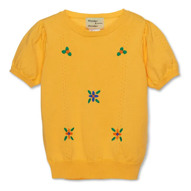 Pointelle Organic Cotton Short Sleeve Sweater | Mustard