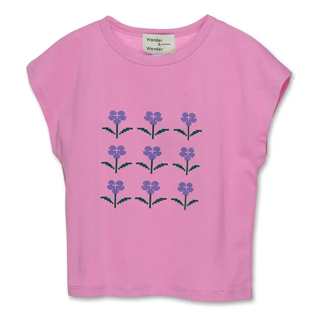 Camiseta de algodón orgánico con bordado de flores | Rosa Fushia