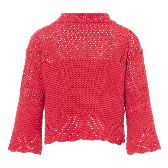 Cardigan Maille Crochet en Coton | Rouge framboise