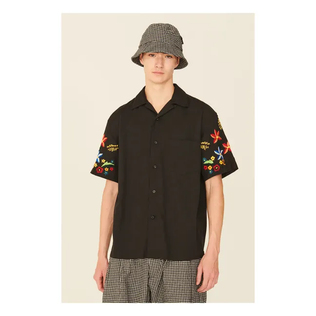 Besticktes Idris-Hemd aus Baumwolle und Leinen | Schwarz